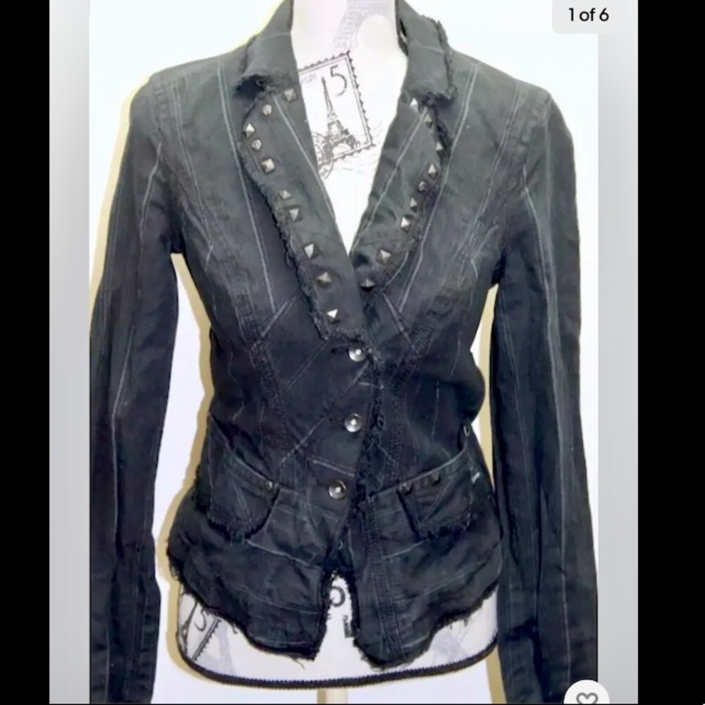 Firetrap Women Black Denim Striped Distressed Blazer with Metal Beads Studs  M